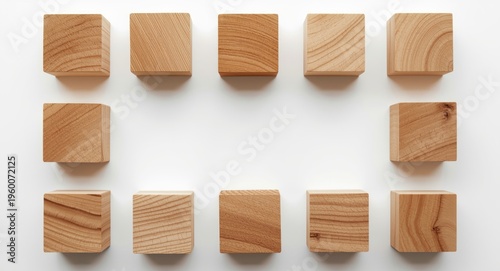 Ten natural wood blocks on white background arranged for promotional text placement