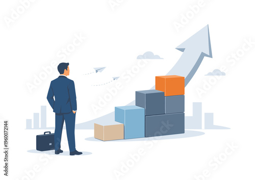 A strategic growth and business expansion scene with an ambitious professional observing a tall upward arrow and a simplified building block structure, symbolizing scalable success