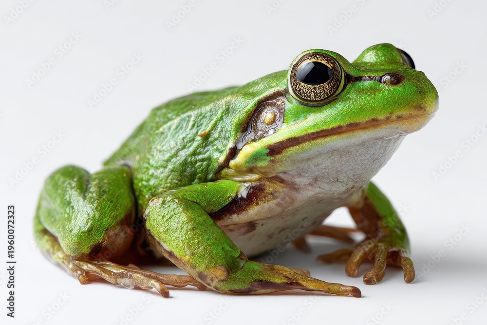Obraz premium Macro frog shot, green amphibian with crisp texture against clean white