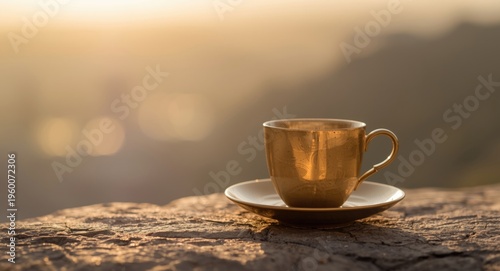 Golden hue Turkish cup and saucer set on a serene backdrop