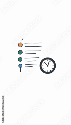 Illustration of a task list with color-coded priorities and a clock symbol, representing efficient time management and organized daily planning