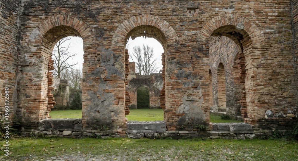 Obraz premium Fallen ancient structure exhibiting cracked arch window frames