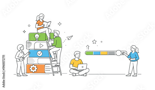 A microlearning and continuous skill development scene showing employees gaining knowledge in small steps together around a large stack of short modules and a simple progress bar
