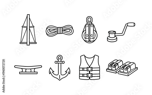 Boat rigging equipment: sail mast, rigging ropes, pulley block, winch handle, cleat, anchor, life jacket, deck hardware
