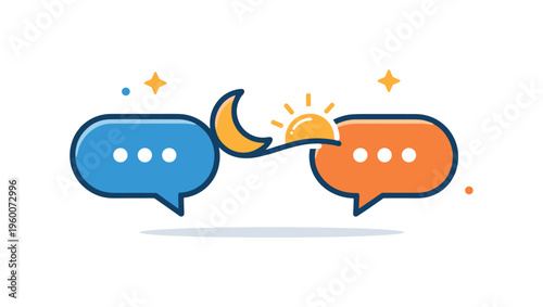 Asynchronous team communication across different time zones in distributed companies, two minimal chat bubbles connected by a small crescent moon and rising sun symbolizing delayed