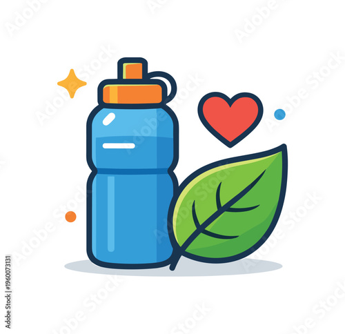 Healthy daily habits and balanced lifestyle focused on maintaining physical and mental wellbeing over time, a water bottle paired with a leaf and a small heart forming a simple