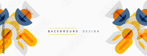 Abstract floral design. Geometric shapes overlap, creating dynamic visual effect. Soft colors dominate composition. Background text present.