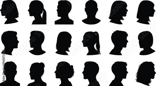 Black silhouettes of people with various hairstyles profiles
