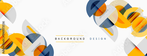 Abstract geometric shapes overlap. Orange, gray, blue hues create modern banner design. Minimalist style, clean lines present visual appeal.