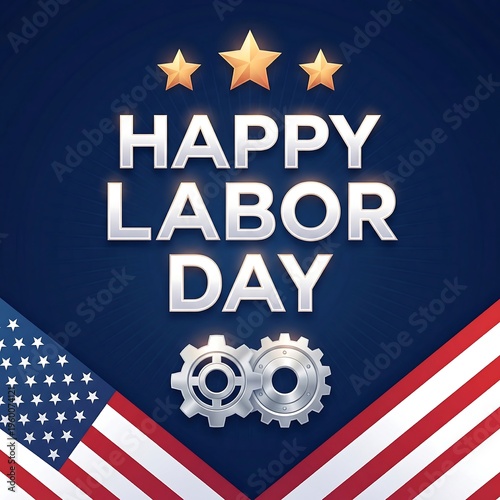 Happy Labor Day celebration banner with gears and American flag stars