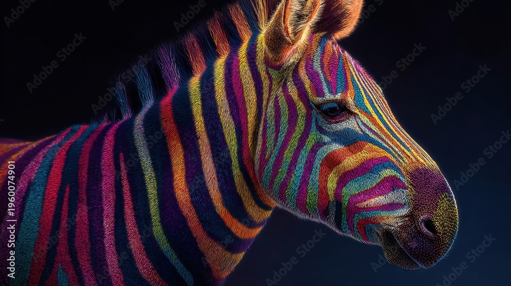 Obraz premium Zebra with multicolored stripes standing against dark background