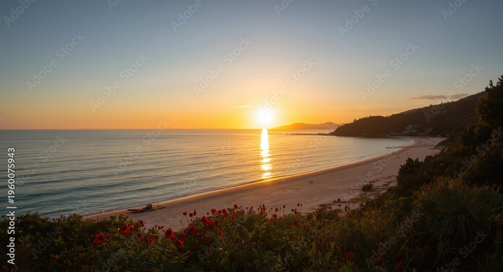 Obraz premium Morning sunrise over a calm sea with a peaceful beach view and summer nature