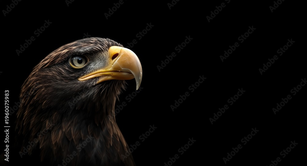 Obraz premium Close perspective of a bald eagle bird of prey's head with copy space on black background