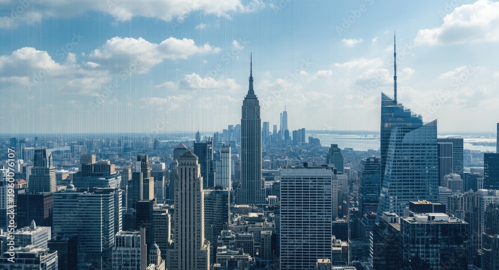 Fototapeta premium Multiple exposure image of urban skyscrapers and investment chart data visualization