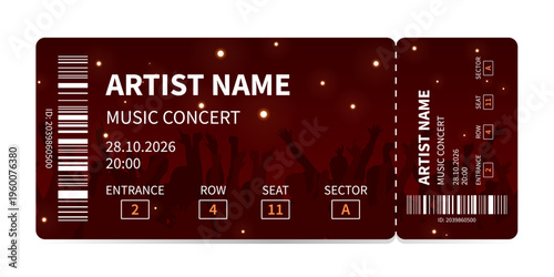 Realistic detailed ticket for festivals, event, theater, concert, play. Vector illustration isolated on white background.
