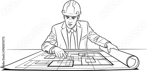 Man in hardhat and suit examining architectural blueprints engineer construction