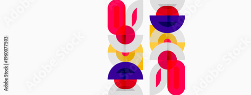 Abstract geometric shapes, vibrant colors, overlapping forms. Minimalist design, modern aesthetic, playful composition. Bright hues create visual interest.