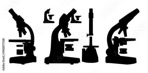 Microscope set with sleek laboratory silhouette featuring scientific equipment, research tools, laboratory devices with academic study and clinical examination