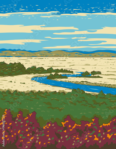 WPA style ukiyo-e or ukiyo illustration of wetlands ecosystems in Kushiro-Shitsugen National Park located east of the island of Hokkaido, Japan done in retro works project administration style.