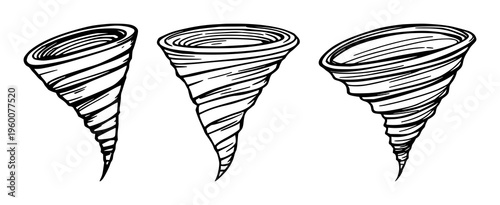 Tornado wind icon set with swirling spiral and abstract geometric lines featuring tornado, wind, storm with black and white and vector