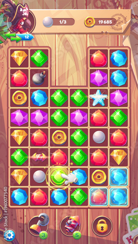 Pirate Match 3 Game Board Cartoon Interface