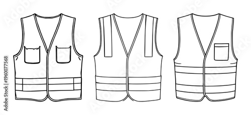 Safety vest outline set with clean line and minimalist graphic design featuring vest, protective gear, high-visibility apparel with graphic and vector illustration