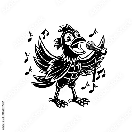 A cartoon black bird with its mouth open, singing into a microphone with musical notes around it.