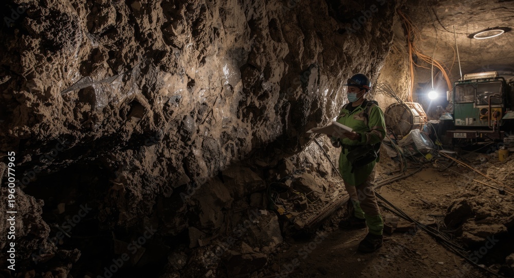 Fototapeta premium Geologist inspecting mineral veins within an underground mine shaft with copyspace