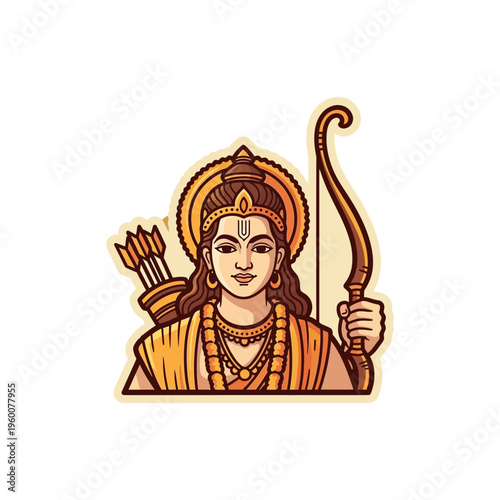 Illustration of Hindu deity Rama holding a bow and quiver in traditional style.