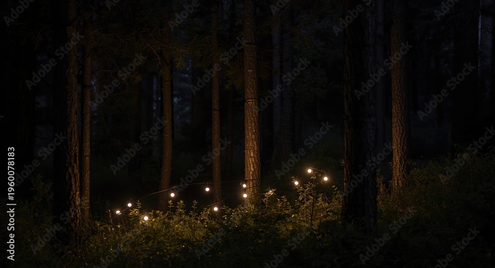 Fototapeta premium Mystical luminous orbs flickering among pine trunks during nighttime