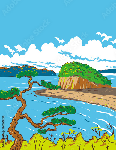 WPA style ukiyo-e or ukiyo illustration of Shodo Island located in Setonaikai National Park in the Seto Inland Sea Japan done in retro works project administration style.