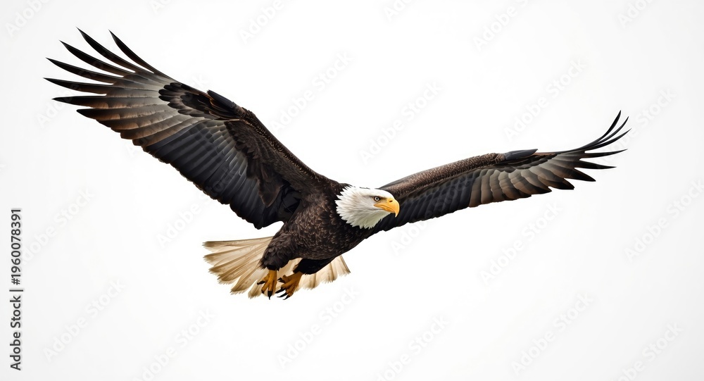Fototapeta premium Majestic bald eagle soaring against a clean white background