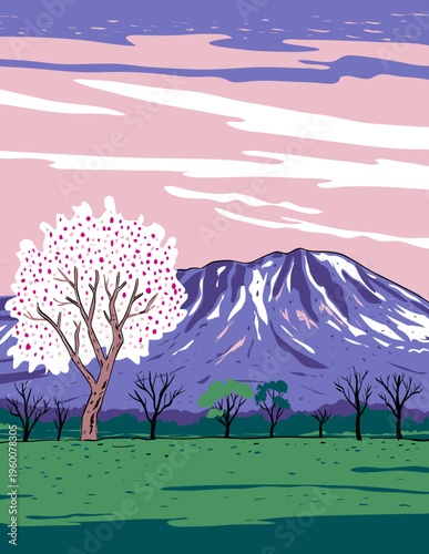 WPA style ukiyo-e or ukiyo illustration of Mount Iwate stratovolcano in the Ou Mountains located in Towada-Hachimantai National Park in Tohoku, Japan in retro works project administration style.