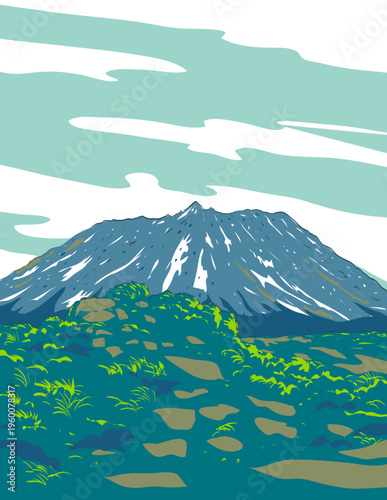 WPA style ukiyo-e or ukiyo illustration of Mount Unzen within Unzen-Amakusa National Park in Nagasaki Prefecture, island of Kyushu Japan in retro works project administration style.