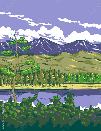 WPA style ukiyo-e or ukiyo illustration of Lake Sanko in Shiretoko National Park in the Shiretoko Peninsula located in the island of Hokkaido, Japan in retro works project administration style.