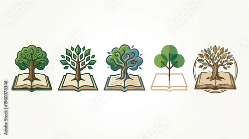Vector illustrations of trees growing out of open books in various styles