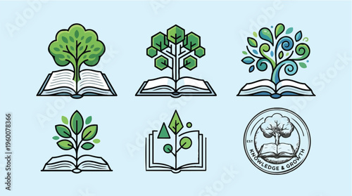 A set of illustrations featuring trees growing out of open books on a light blue background, symbolizing knowledge and growth in education