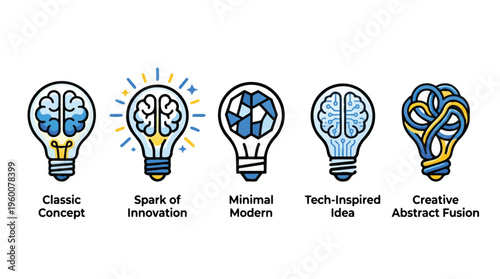 Collection of light bulb icons with creative brain designs and innovative concepts