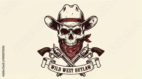 A skull wearing a cowboy hat and bandana with crossed pistols and a wild west outlaw banner
