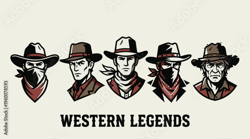 Vector illustration of five western cowboy legends with hats and bandanas