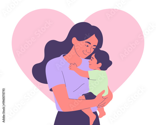 A loving mother holding her baby in front of a large pink heart, symbolizing maternal love and affection.