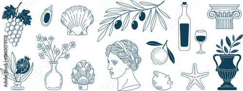 Ancient Greek and Mediterranean Elements Line Art Collection roman sculpture