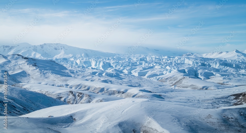 Obraz premium Expansive ice capped glacier vista with gentle snowy hills and crisp air