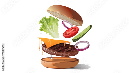 Hamburguesa desarmada con ingredientes flotantes en ilustración