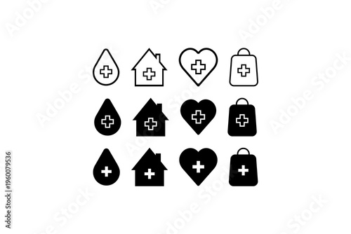 Medical Health Icons Set Cross Heart Hospital Symbols