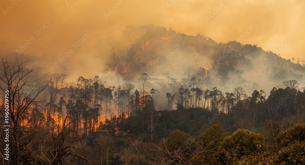 Fototapeta premium Environmental disaster of forest fire with burning trees and thick smoke layers