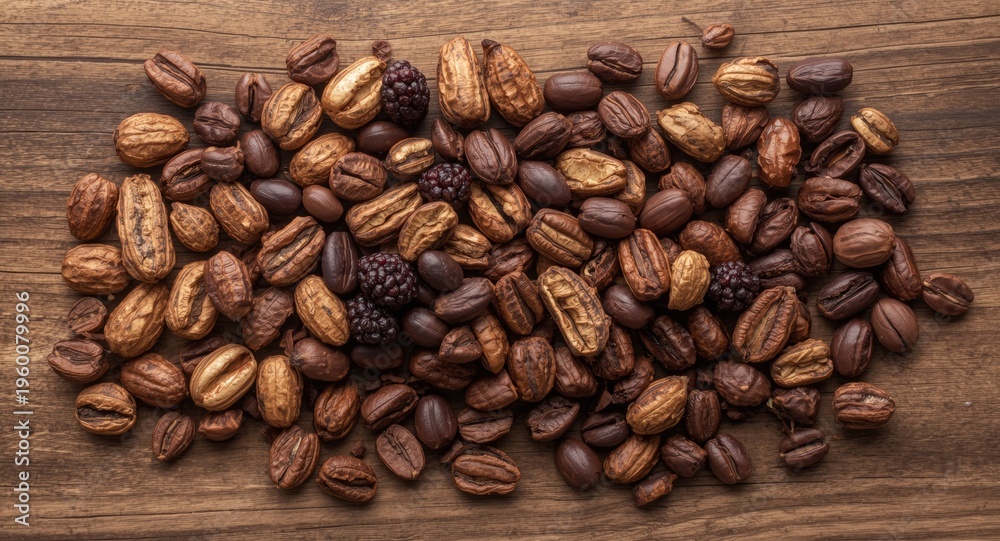 Fototapeta premium Nourishing dried superfood blend with tiger nuts mulberry berries and cacao beans on wood plank