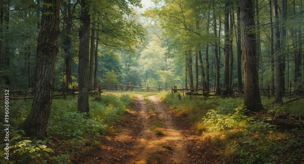 Obraz premium serene forest track painting presenting lush scenic views