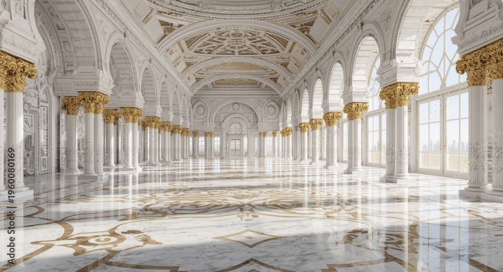 Fototapeta premium Majestic hall with white arched ceilings and gold columns shining on marble flooring with intricate patterns