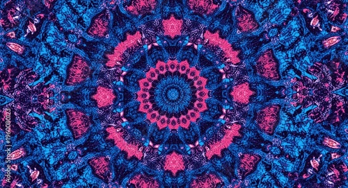 Kaleidoscope mosaic ethnic fabric texture with indigo pink and cyan colors